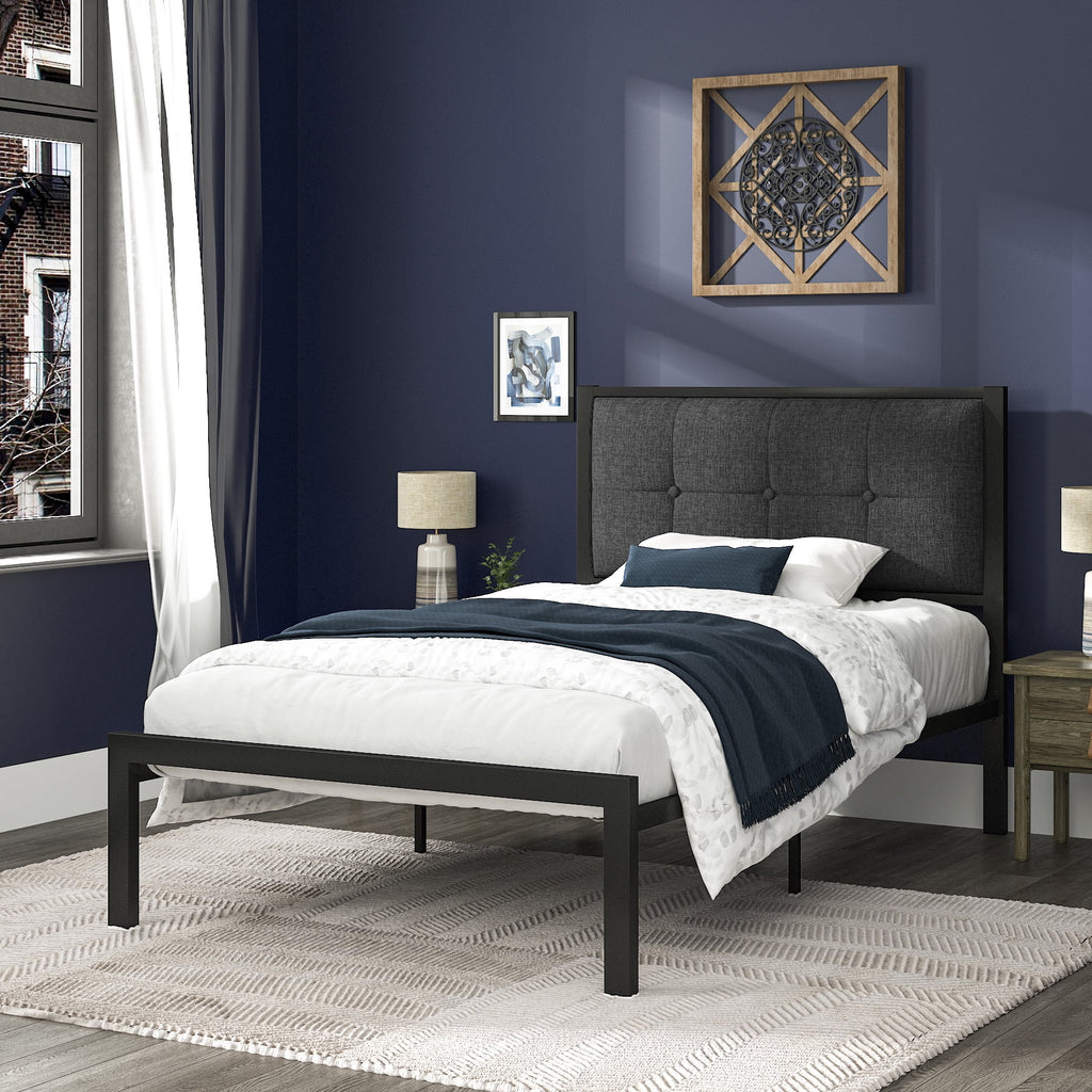 Twin Metal Platform Bed with Tufted Headboard and Under-Bed Storage, Grey V478