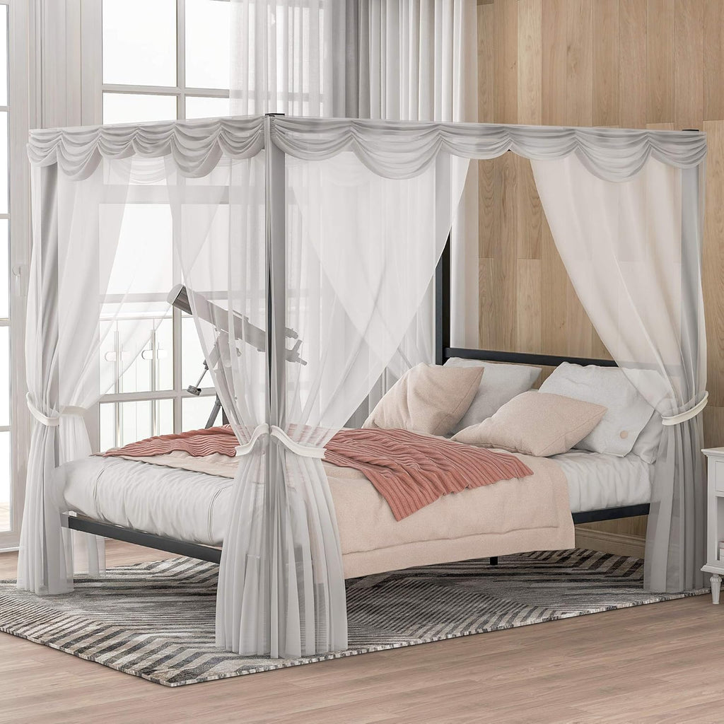Queen Size Metal Canopy Bed Frame with Built-in Headboard D447962