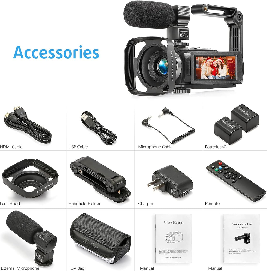 Camcorder 1080P Video Camera 36MP 3.0 Inch IPS Touch Screen IR Night Vision 16X Digital Zoom with External Microphone Handheld Stabilizer Remote Control T53274