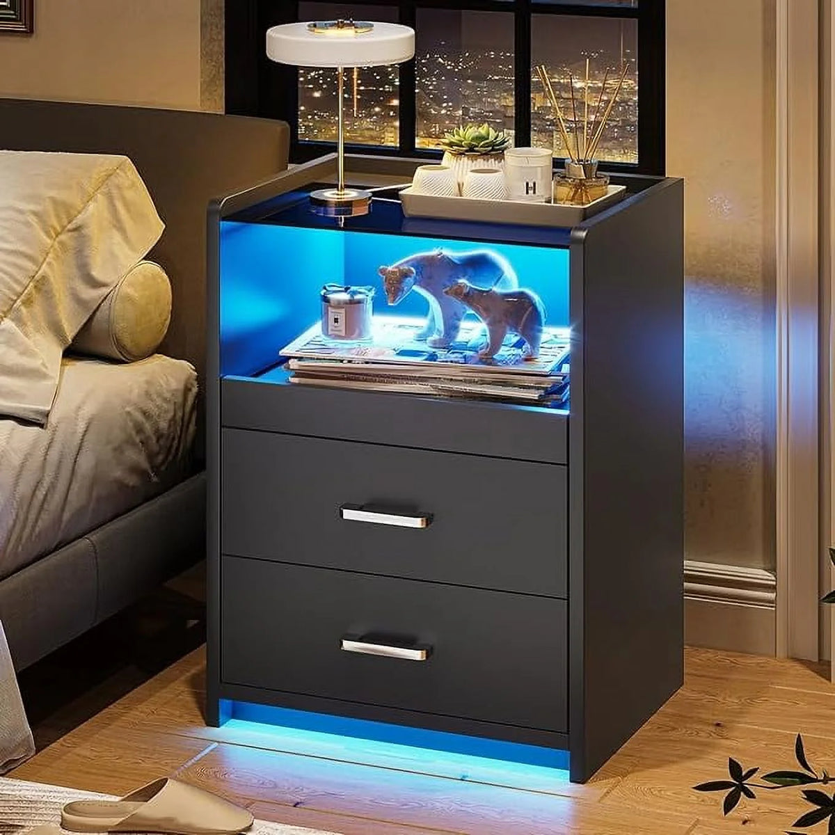 Black Nightstand with LED Lights and Charging Station L680