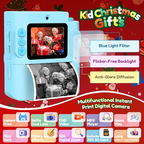 Instant Print Dual Lens Digital Camera with 32G SD Card Storage Bag Pink F18133