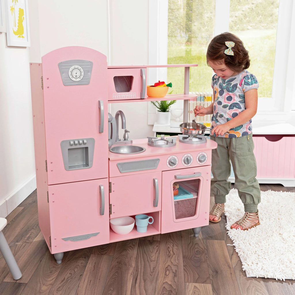 Pink Wooden Play Kitchen with Pretend Ice Maker and Play Phone P6051