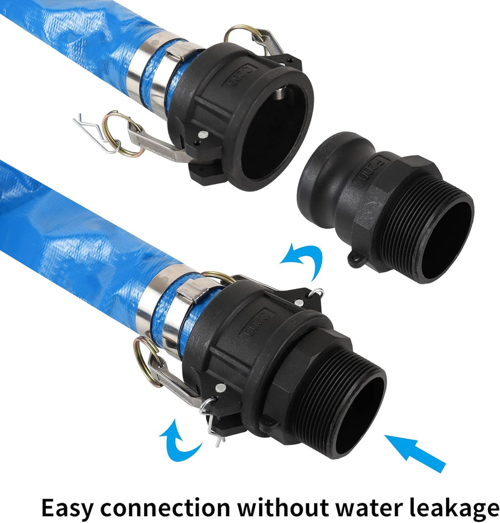 2 x 50FT Blue Discharge Hose with Camlock C and E Fittings, Reinforced PVC Lay Flat Backwash Hose Assembly V69915