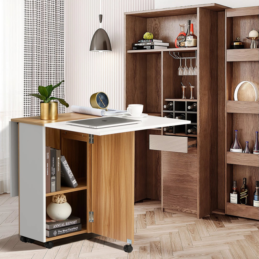 Folding Dining Table with 6 Wheels, Drawer and Storage Shelf, White and Wood Grain P504