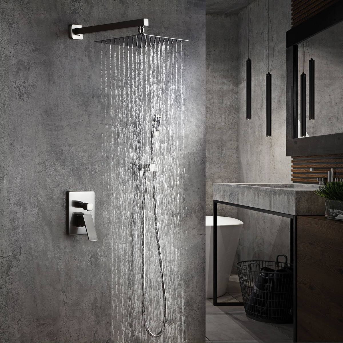 Brushed Nickel 10x22 Shower Set Rainfall Shower Head Handheld Spray C1577