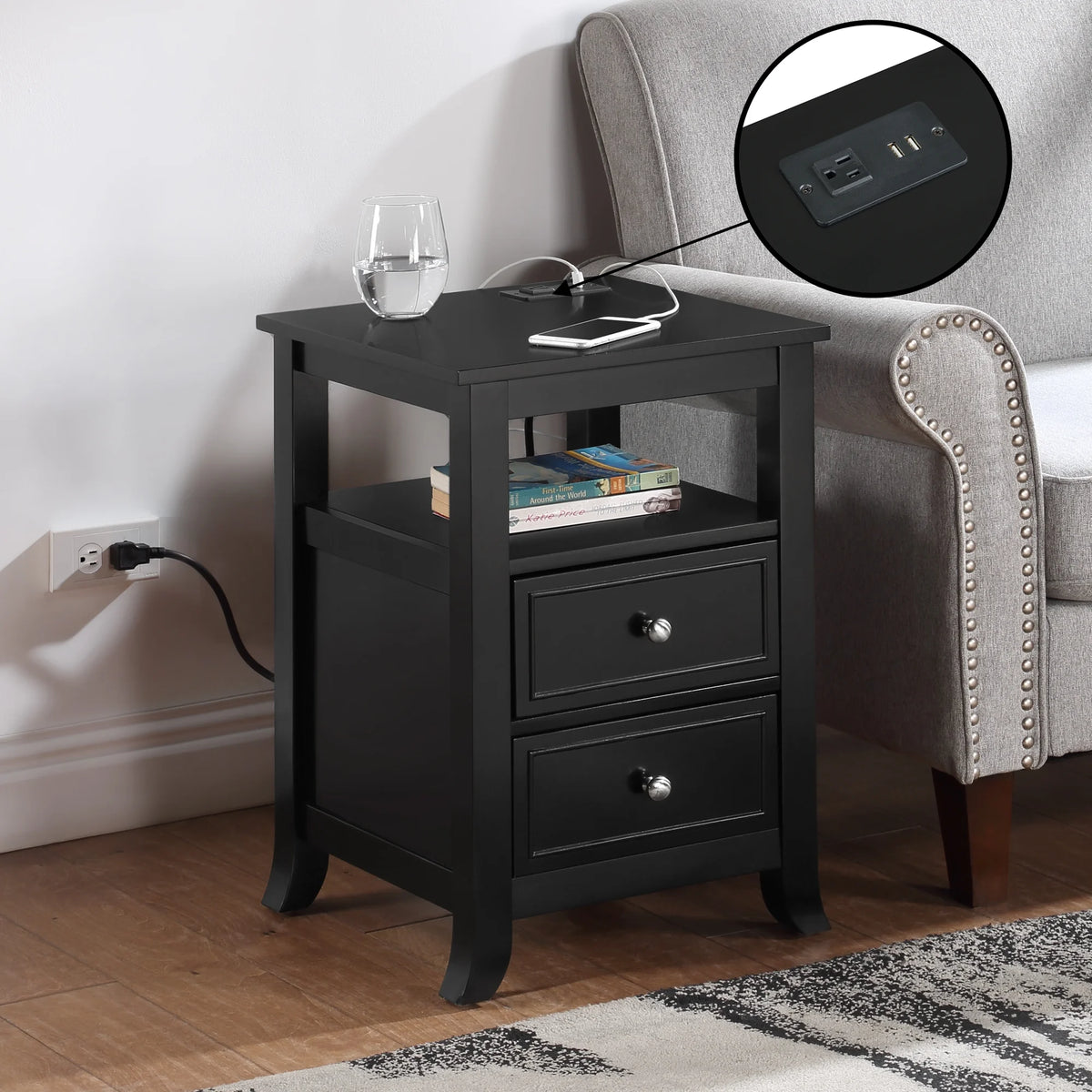 Black Two-Drawer End Table with Charging Station and Shelf S981542