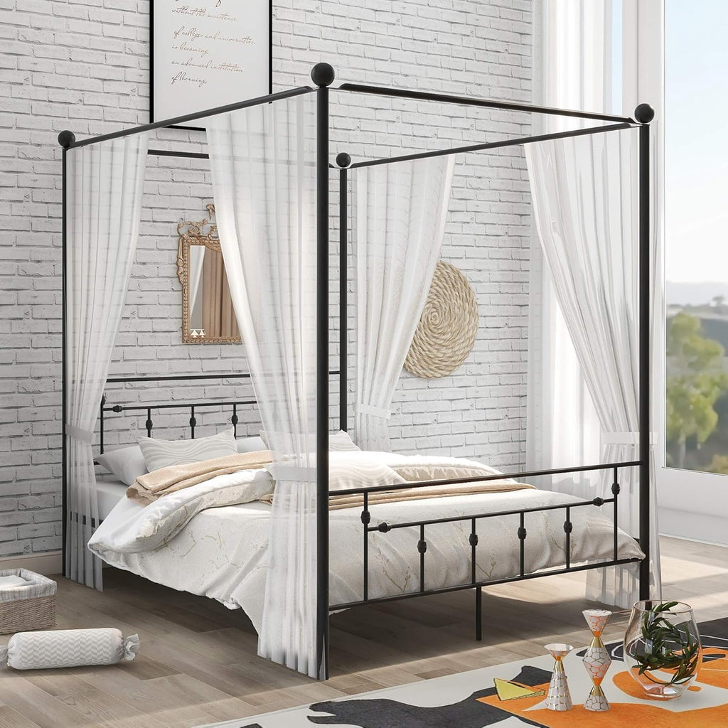 Queen Size Metal Canopy Bed Frame with Built-in Headboard D447962