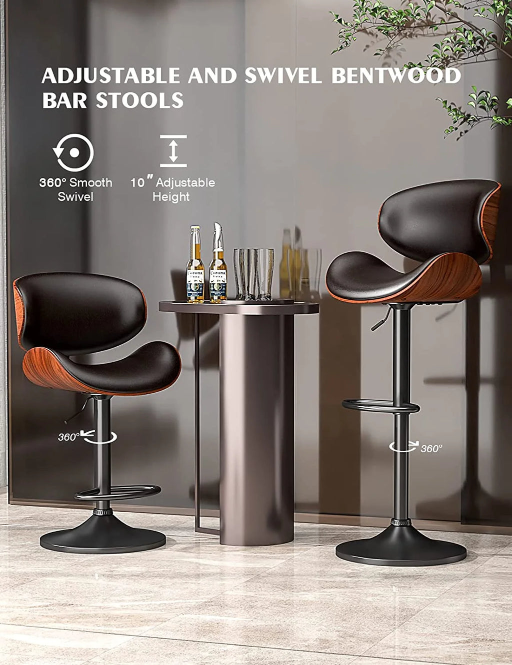 Swivel Bar Stools Set of 2, Adjustable PU Leather with Back and Footrest L19055