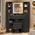Black Corner Vanity Desk with Lighted Mirror and Storage Stool W8321