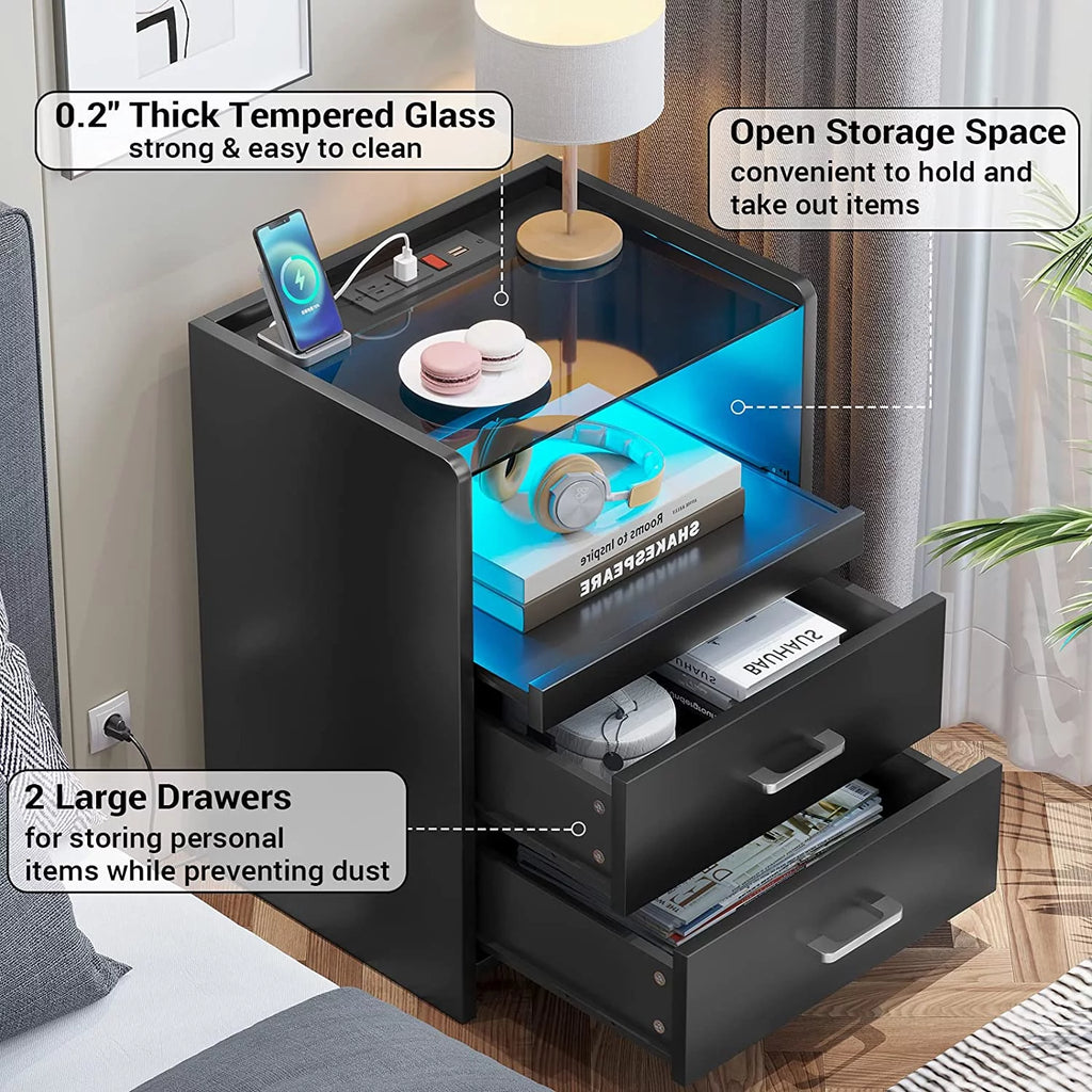 Black Nightstand with LED Lights and Charging Station L680