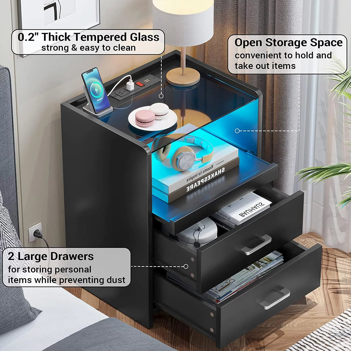 Black Nightstand with LED Lights and Charging Station L680