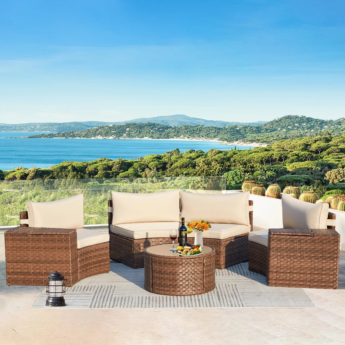 7 Piece Wicker Sectional Sofa and Glass Table Patio Set A3022