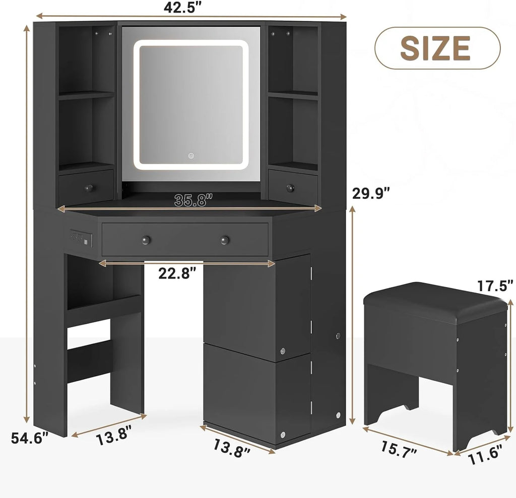Black Corner Vanity Desk with Lighted Mirror and Storage Stool W8321