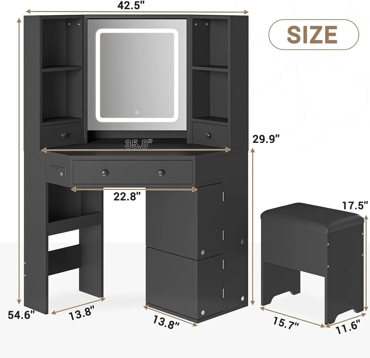 Black Corner Vanity Desk with Lighted Mirror and Storage Stool W8321