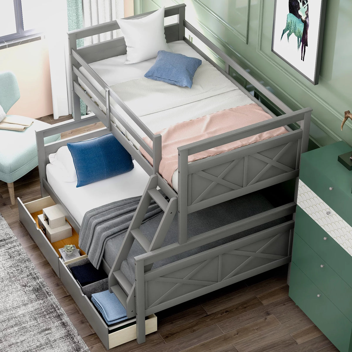 Gray Wood Convertible Bunk Bed with Drawers B140