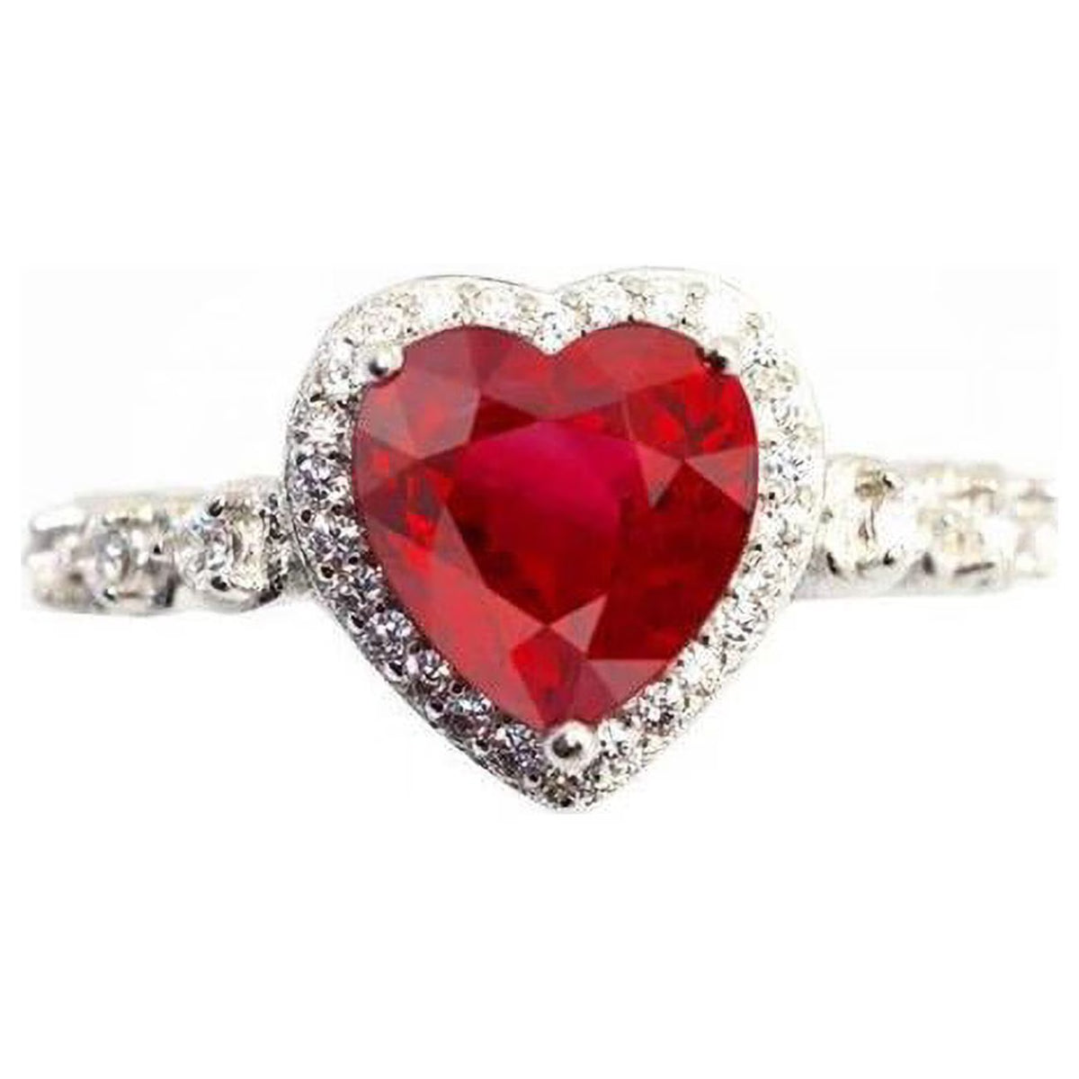 Heart Shaped Ruby Halo Diamond Ring, 14K White Gold N2449