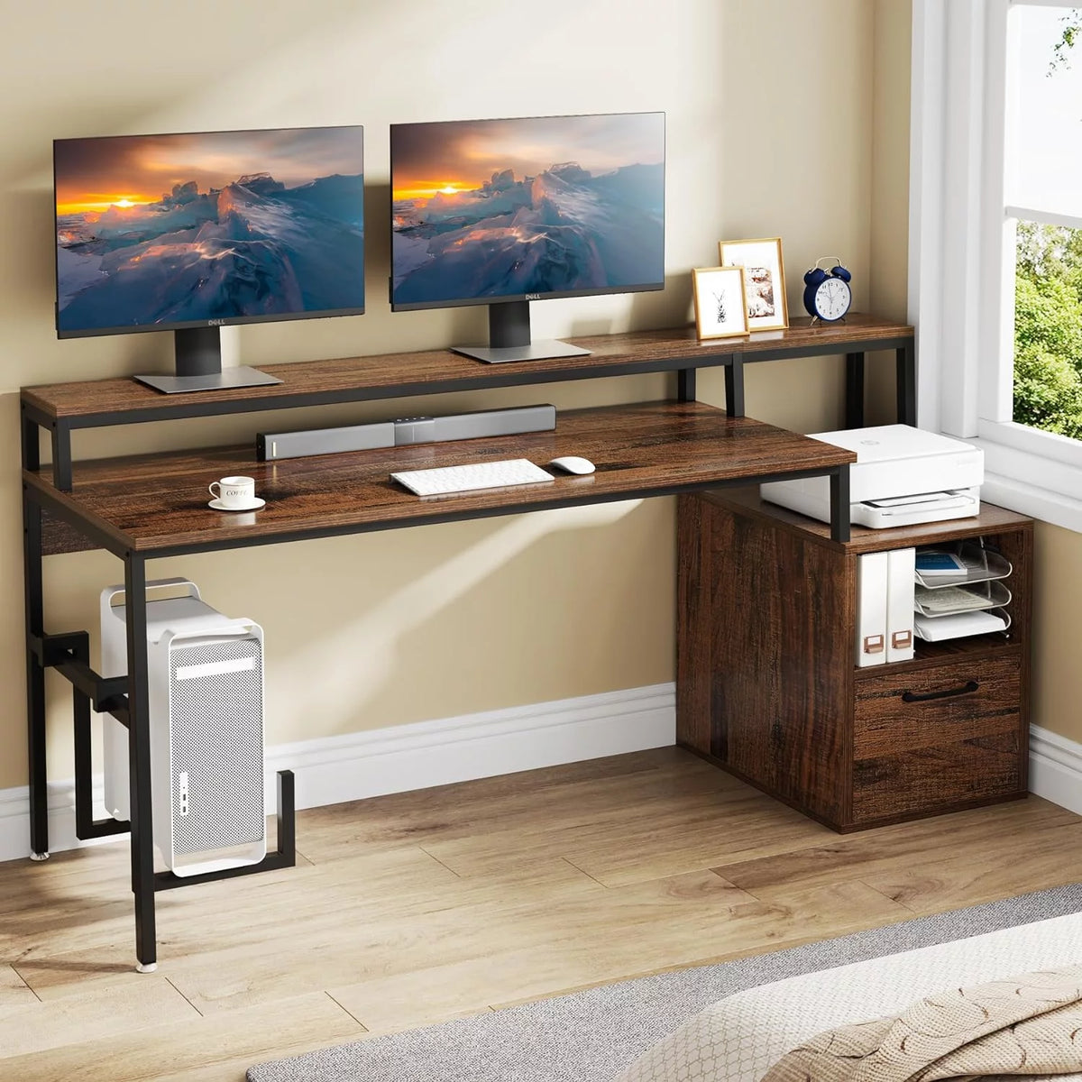 Brown Computer Desk with Monitor Stand and Drawer Q265