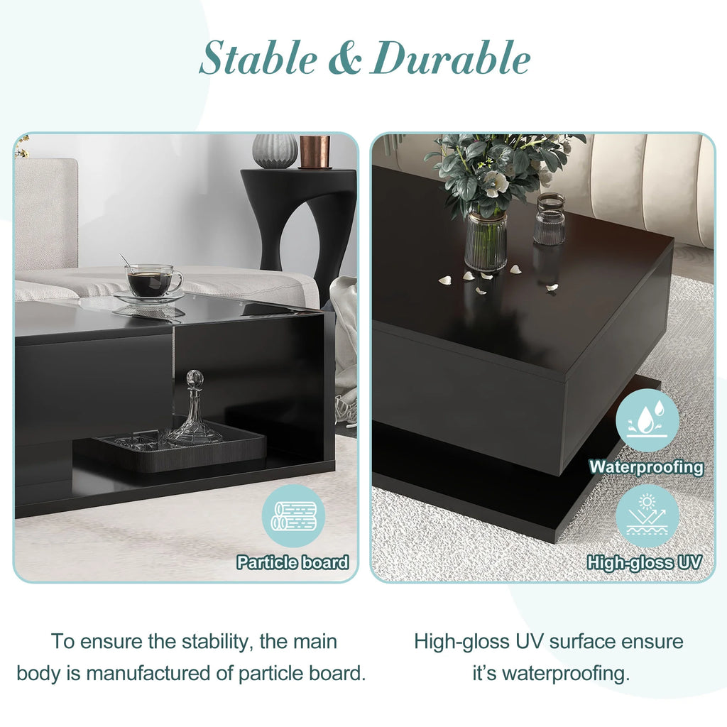 39.3" Black 2-Tier Coffee Table with Tempered Glass W869