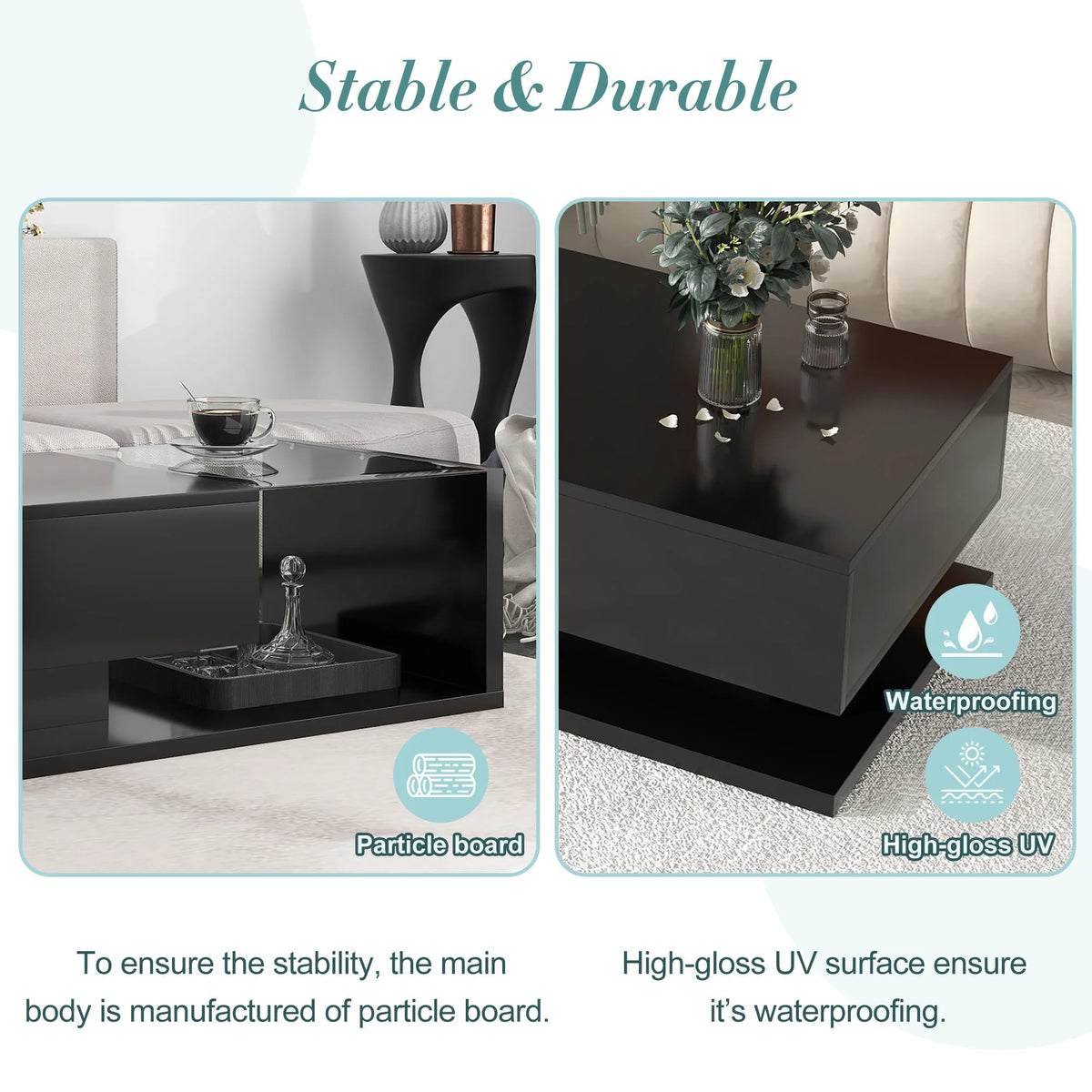 39.3" Black 2-Tier Coffee Table with Tempered Glass W869
