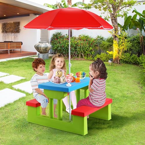 Kids Plastic Picnic Table with Umbrella Q81497