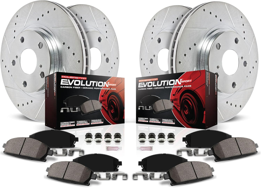 Front and Rear Carbon Fiber Brake Pads with Drilled & Slotted Brake Rotors Kit L164395