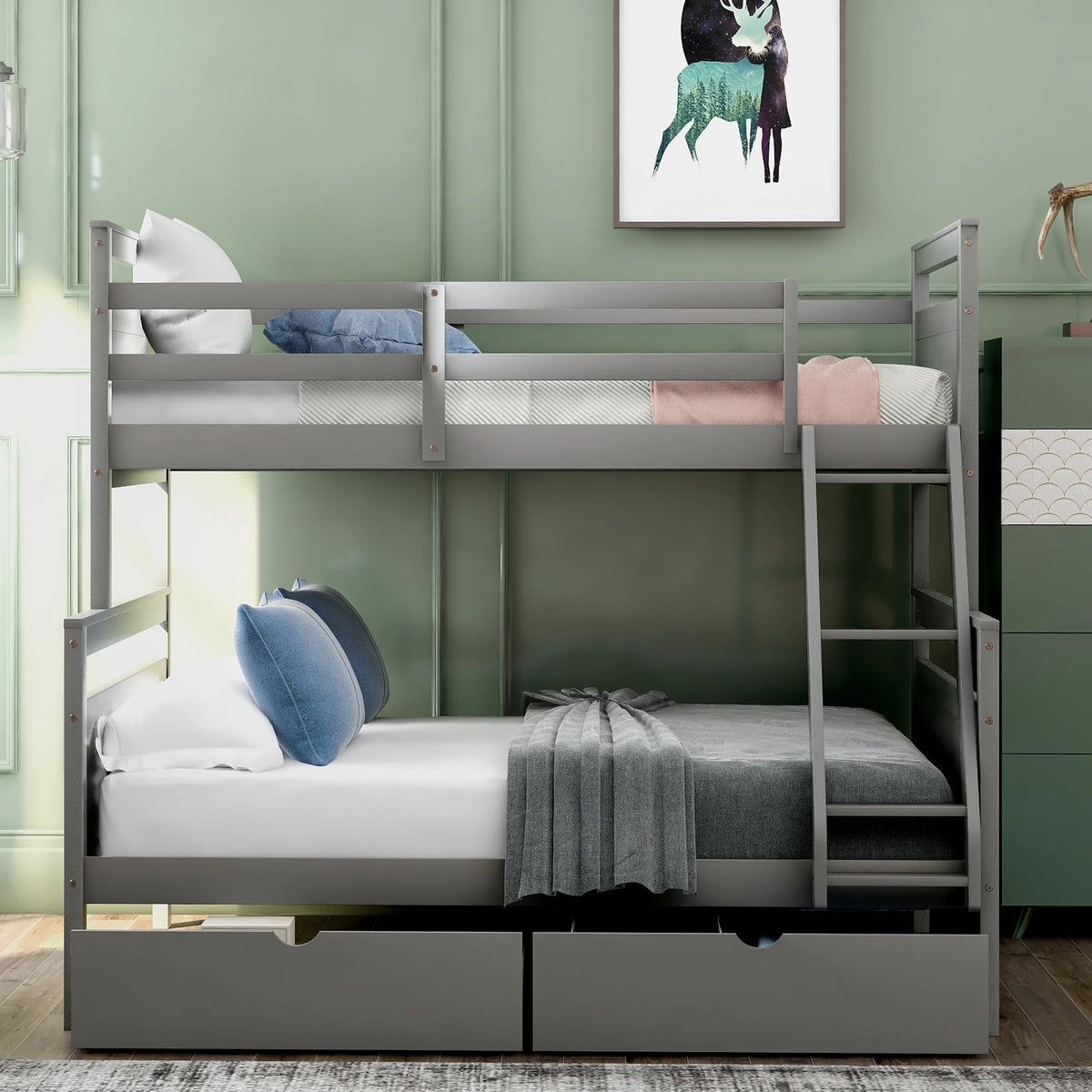 Gray Wood Convertible Bunk Bed with Drawers B140
