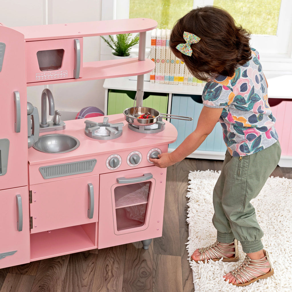 Pink Wooden Play Kitchen with Pretend Ice Maker and Play Phone P6051