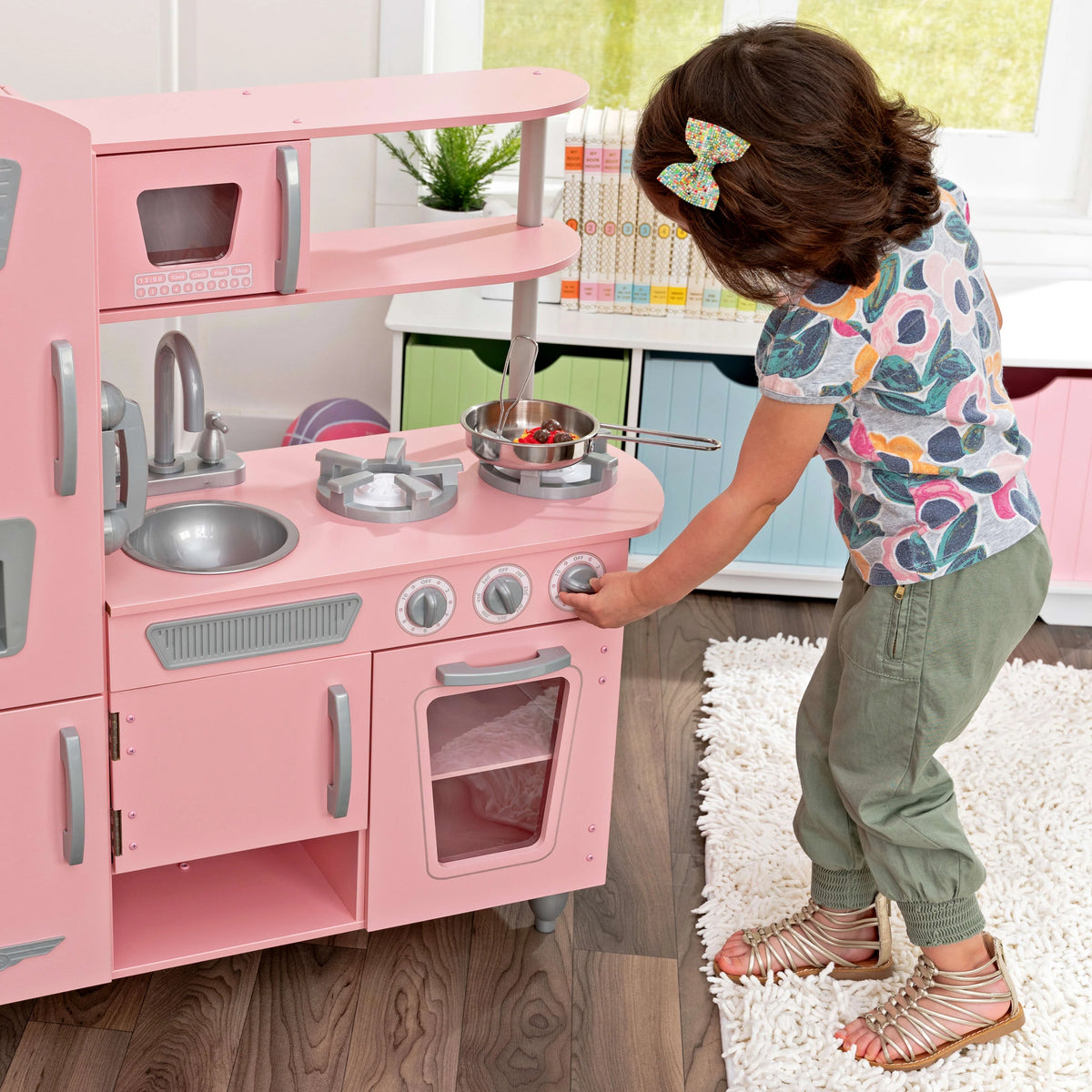 Pink Wooden Play Kitchen with Pretend Ice Maker and Play Phone P6051
