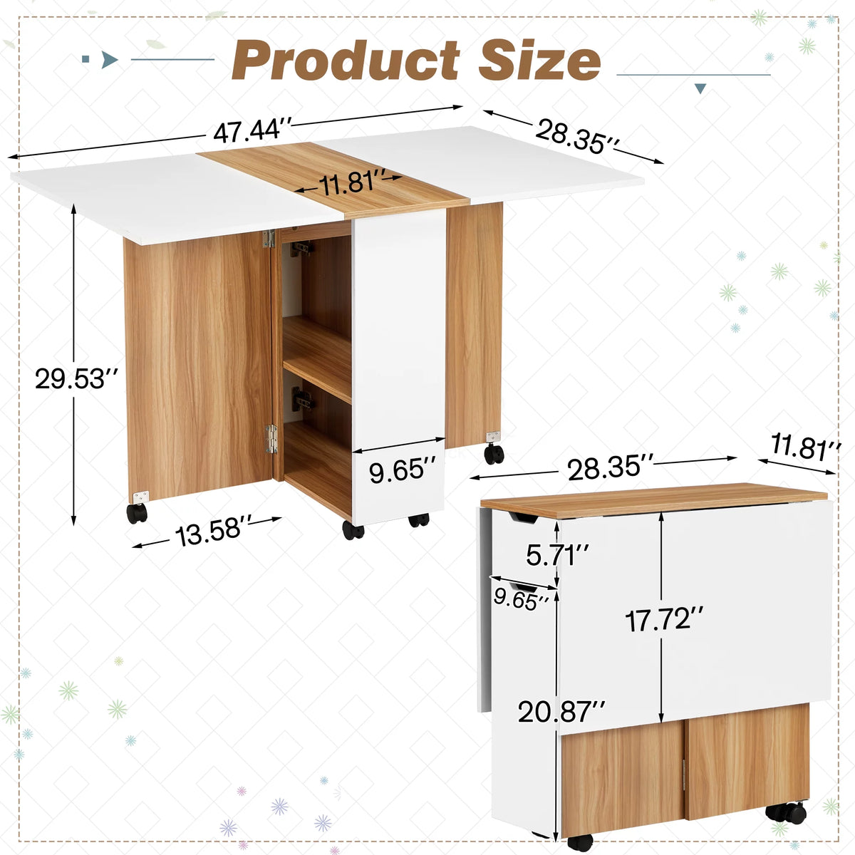 Folding Dining Table with 6 Wheels, Drawer and Storage Shelf, White and Wood Grain P504