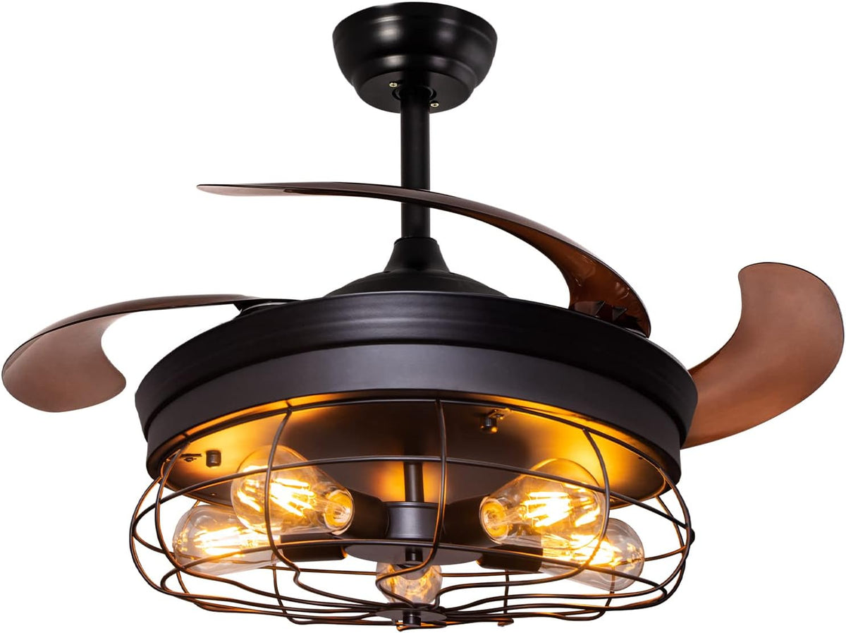 42'' Industrial Black Caged Ceiling Fan with Lights Remote Control E593288